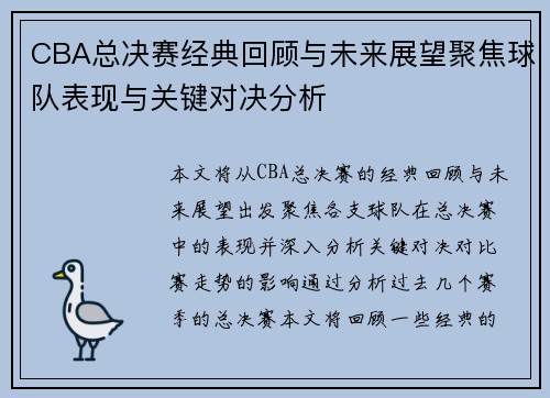 CBA总决赛经典回顾与未来展望聚焦球队表现与关键对决分析