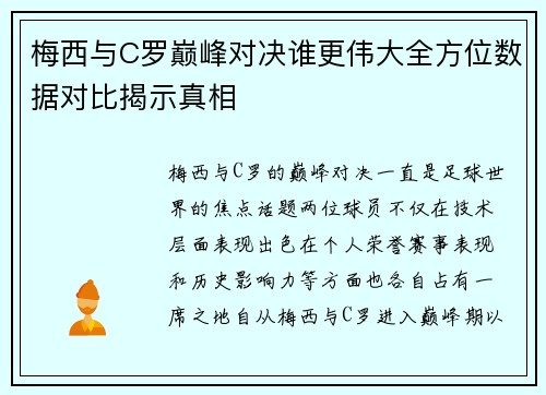 梅西与C罗巅峰对决谁更伟大全方位数据对比揭示真相 梅西与C罗巅峰对决谁更伟大全方位数据对比揭示真相