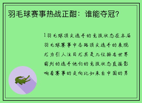 羽毛球赛事热战正酣：谁能夺冠？